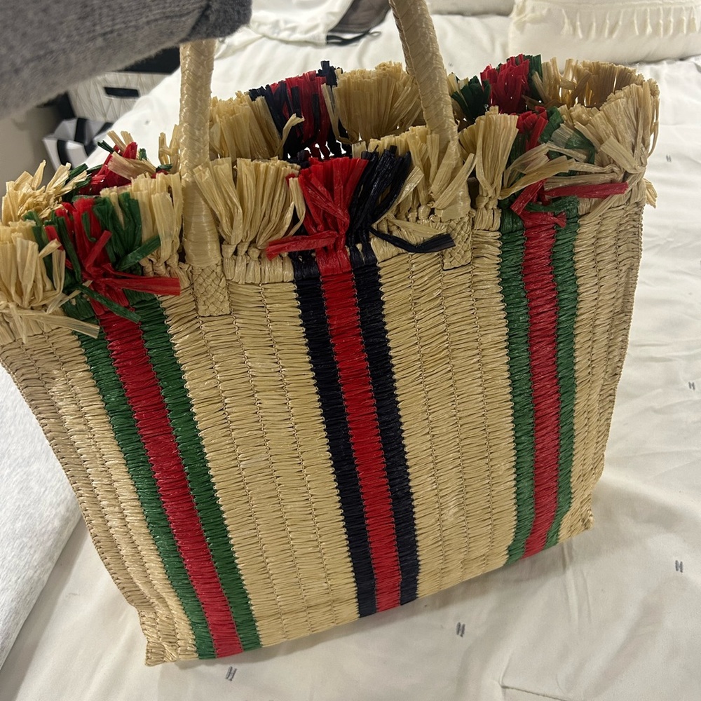 Gucci Natural Straw Tote with Vibrant Stripes